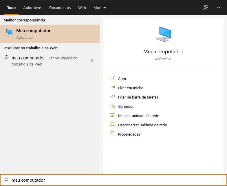 Pesquisando 'Meu Computador' no menu iniciar